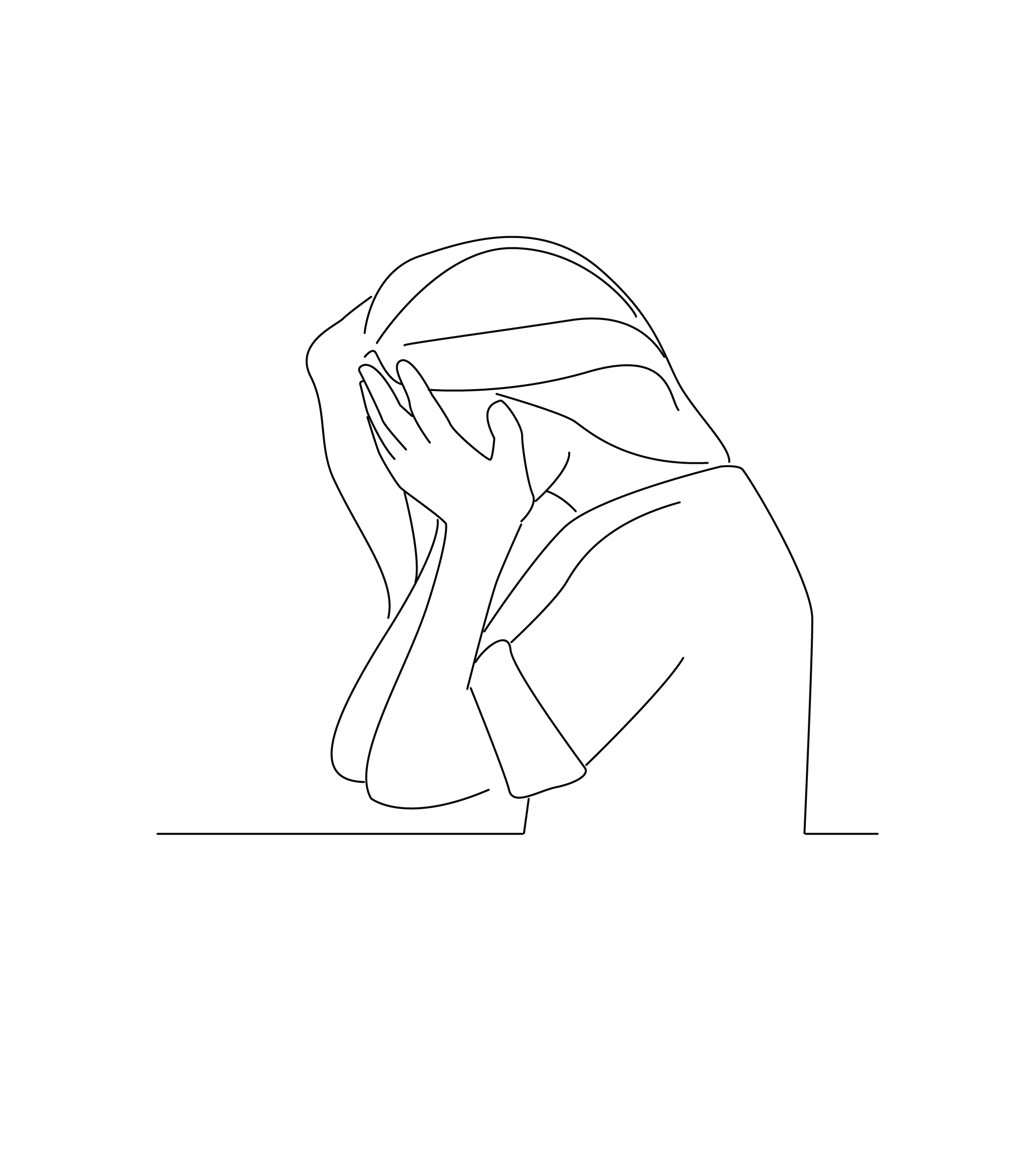 Line illustration of a woman crying into her hands that has experienced trauma